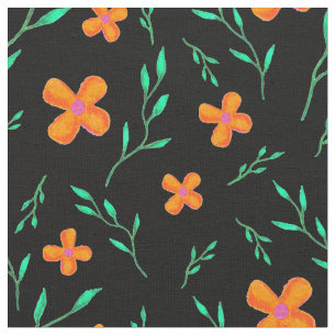 Orange Black Watercolor Flower Floral Pattern Fabric