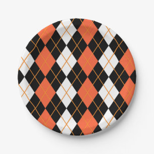 Orange Black White Argyle Diamond Design  Paper Plate