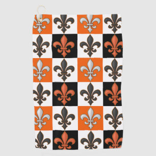 Orange Black White Checkered Fleur-de-lis Design  Golf Towel