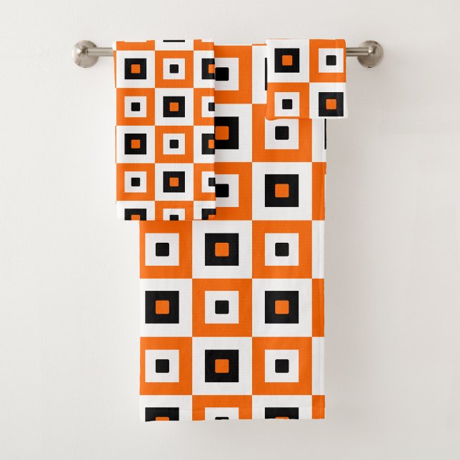 Orange Black White Checkered Squares Pattern Bath Towel Set (Creator Uploaded)