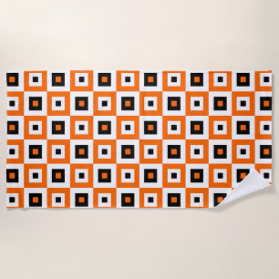 Orange Black White Checkered Squares Pattern Beach Towel