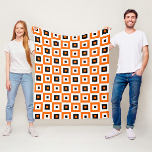 Orange Black White Checkered Squares Pattern Fleece Blanket