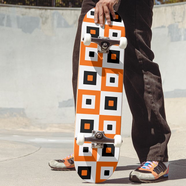 Orange Black White Checkered Squares Pattern Skateboard (Creator Uploaded)