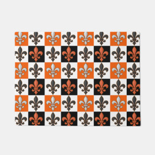 Orange Black White Chequered Fleur-de-lis Design  Doormat