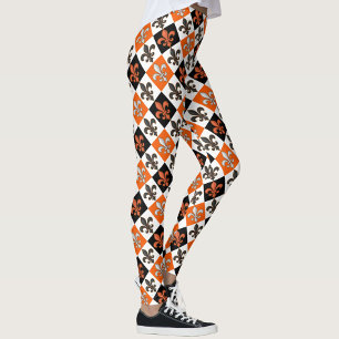 Orange Black White Chequered Fleur-de-lis Design Leggings
