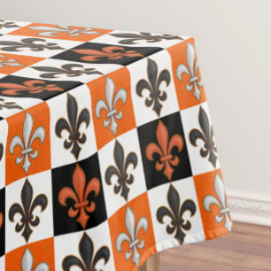 Orange Black White Chequered Fleur-de-lis Design Tablecloth