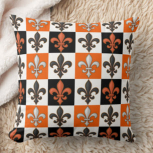Orange Black White Chequered Fleur-de-lis Design Throw Pillow
