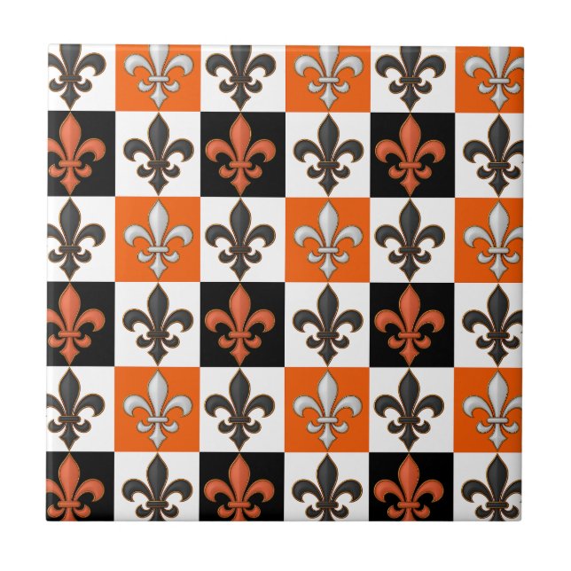 Orange Black White Chequered Fleur-de-lis Design  Tile (Front)