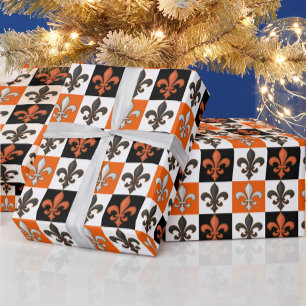 Orange Black White Chequered Fleur-de-lis Design Wrapping Paper