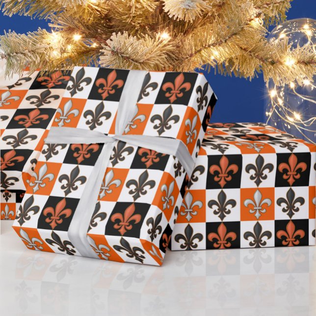 Orange Black White Chequered Fleur-de-lis Design  Wrapping Paper (Creator Uploaded)