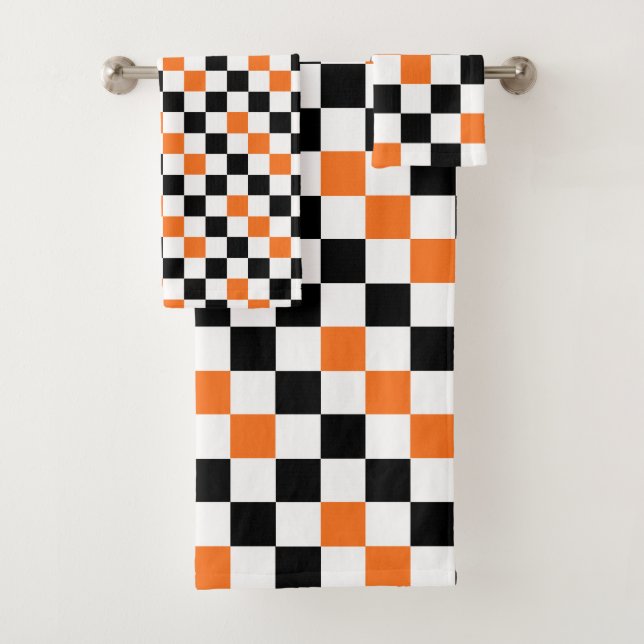 Orange Black White Chequered Pattern Design  Bath Towel Set (Insitu)