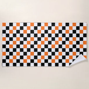 Orange Black White Chequered Pattern Design Beach Towel
