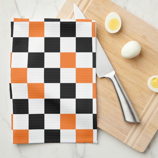 Orange Black White Chequered Pattern Design  Kitchen Towel (Quarter Fold)