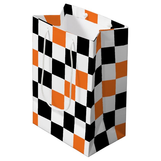 Orange Black White Chequered Pattern Design  Medium Gift Bag (Front Angled)