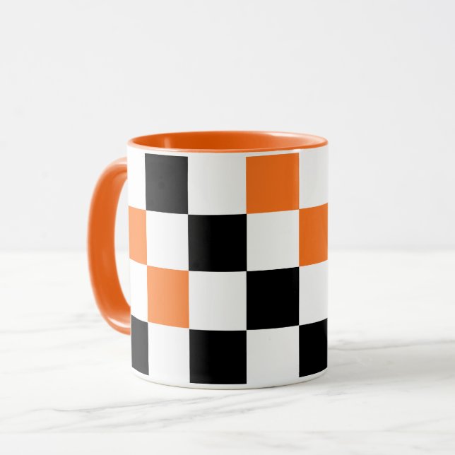 Orange Black White Chequered Pattern Design  Mug (Front Left)