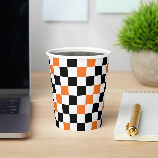 Orange Black White Chequered Pattern Design  Paper Cups (Insitu)