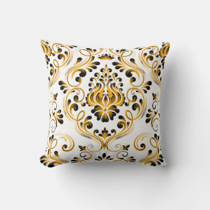 Orange Black White Damask Floral Pattern Elegant  Throw Pillow