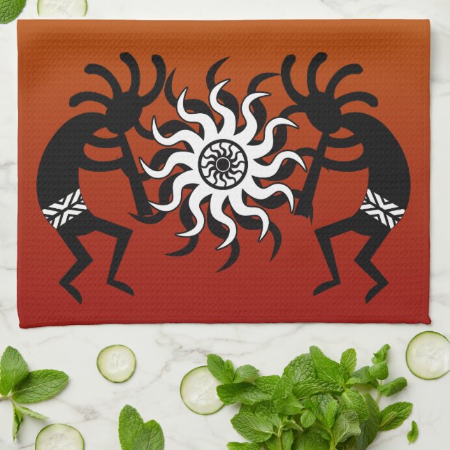 Orange Black White Kokopelli Southwest Tribal Sun Kitchen Towel (Folded)
