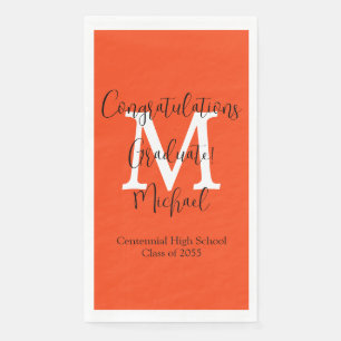 Orange Black White Monogram Graduation Graduate Napkin