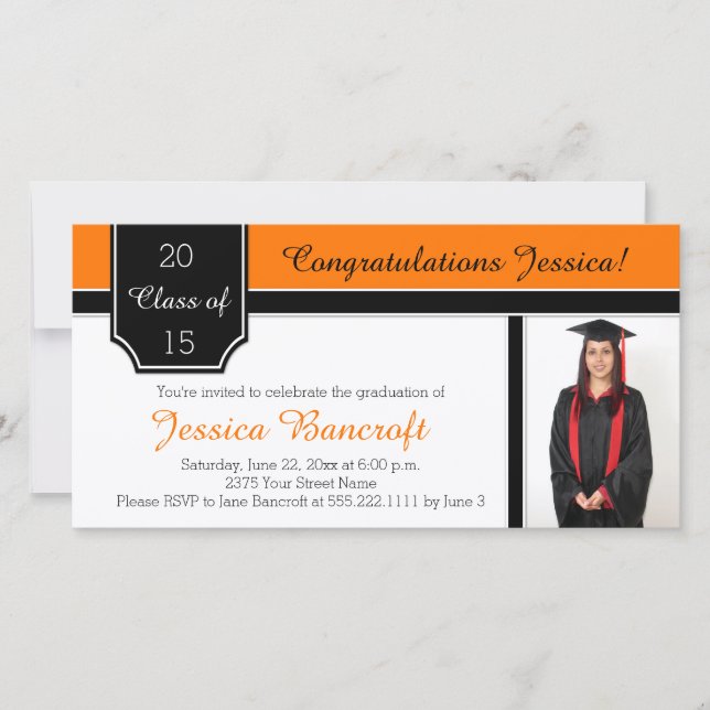 Orange Black White Photo Graduation Invitation (Devant)