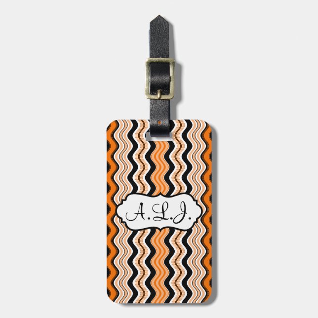 Orange, Black, White Wavy Stripes Luggage Tag (Front Vertical)