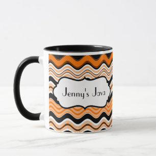 Orange, Black, White Wavy Stripes Personalized Mug