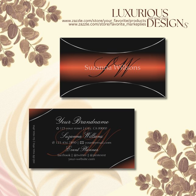 Orange Black with Chic Silver Border and Monogram Business Card (Creator Uploaded)