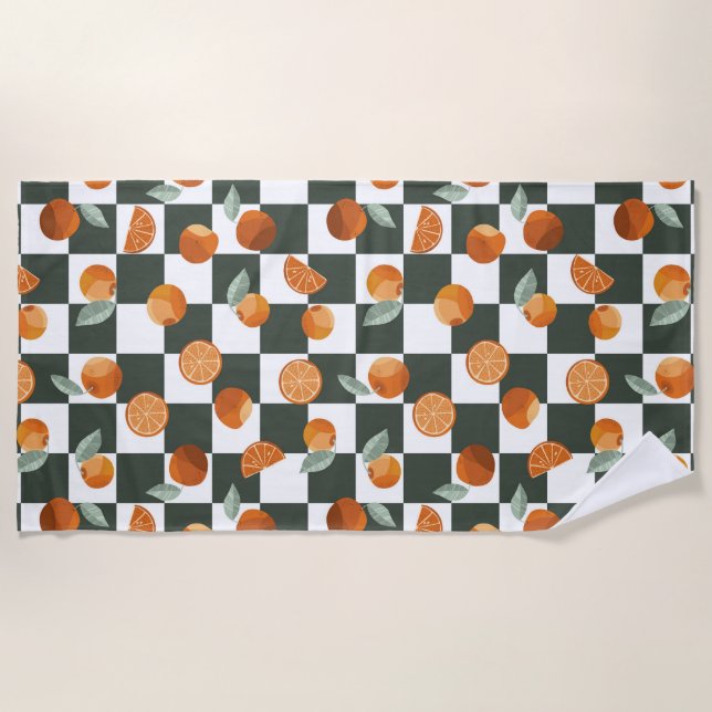 Orange Bliss Dark Teal Checkers Beach Towel (Front)