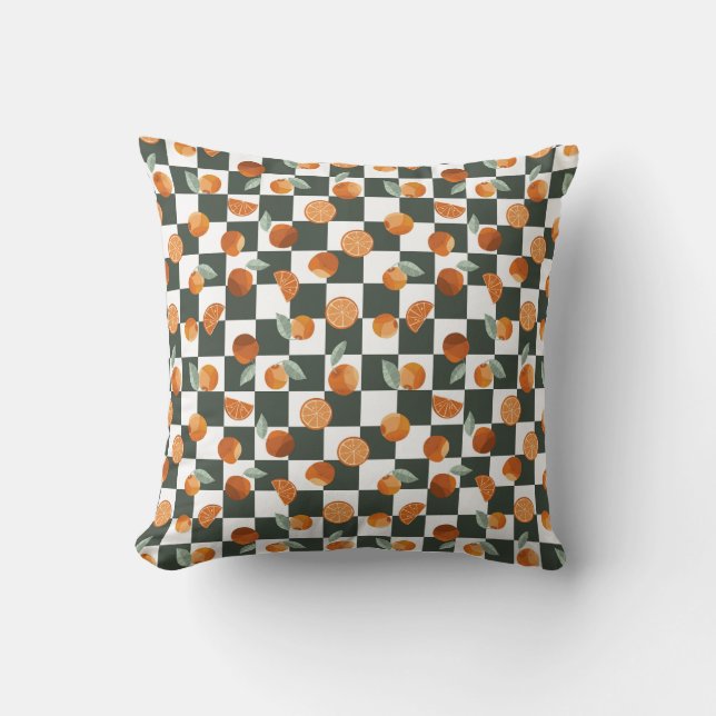 Orange Bliss Dark Teal Checkers Throw Pillow (Front)