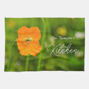 Orange Blooming Poppy Flower On Green Custom Name Kitchen Towel