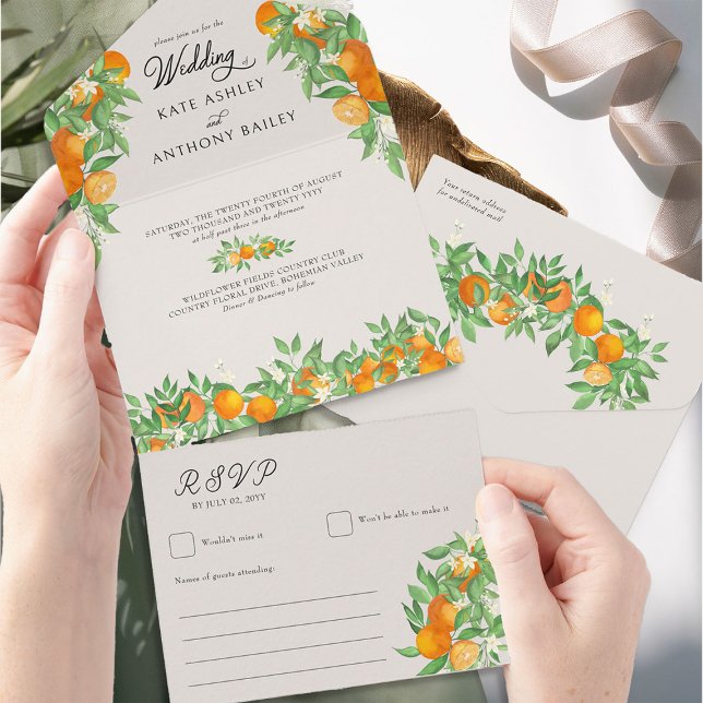 Orange Blossom Citrus Wedding and RSVP All In One Invitation (Wedding Invitation with RSVP from the Orange Blossom Wedding Collection by Darling & May)