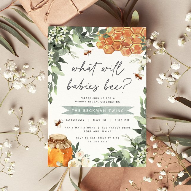 Orange Blossom Honey Bee Twins Gender Reveal Party Invitation (Creator Uploaded)