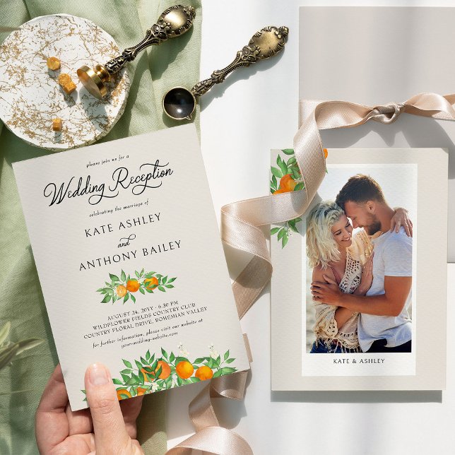 Orange Blossom Photo Wedding Reception Only Invitation (Wedding Reception Invitation with photo from the Orange Blossom Wedding Collection by Darling & May)