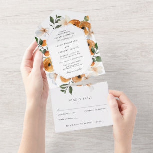 Orange Blossoms and Greenery Wedding All In One Invitation