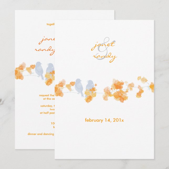 Orange blossoms and  love birds 5x7 invitations (Front/Back)