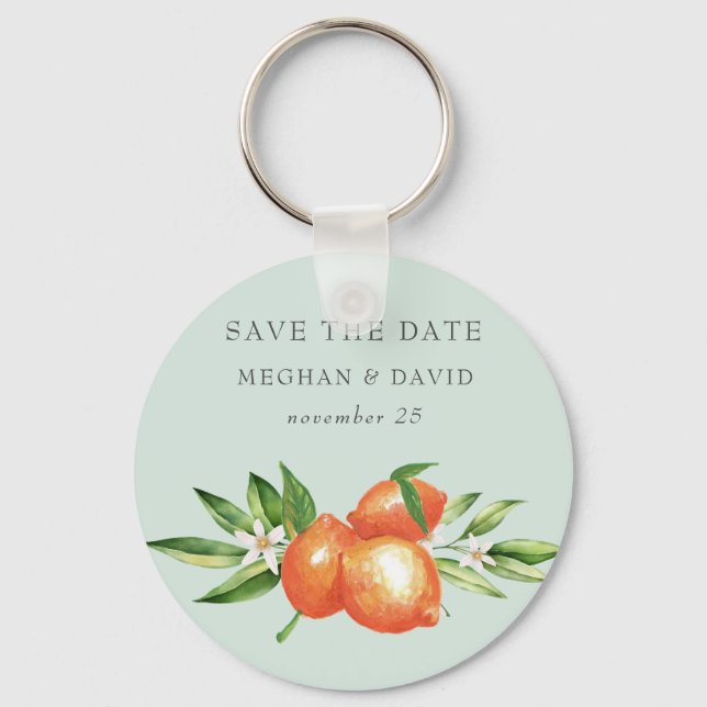 Orange Blossoms Citrus Botanical Save The Date Keychain (Front)