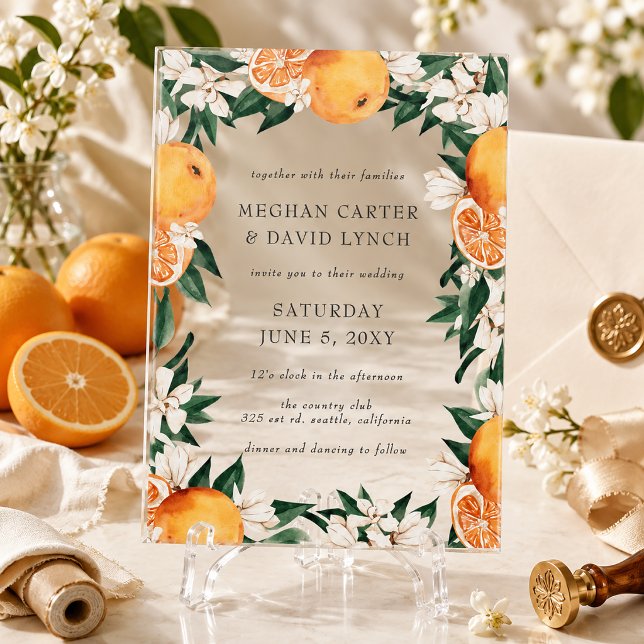 Orange Blossoms Citrus Botanical Wedding  Acrylic Invitations (Orange Blossoms Citrus Botanical Wedding Acrylic Invitations)