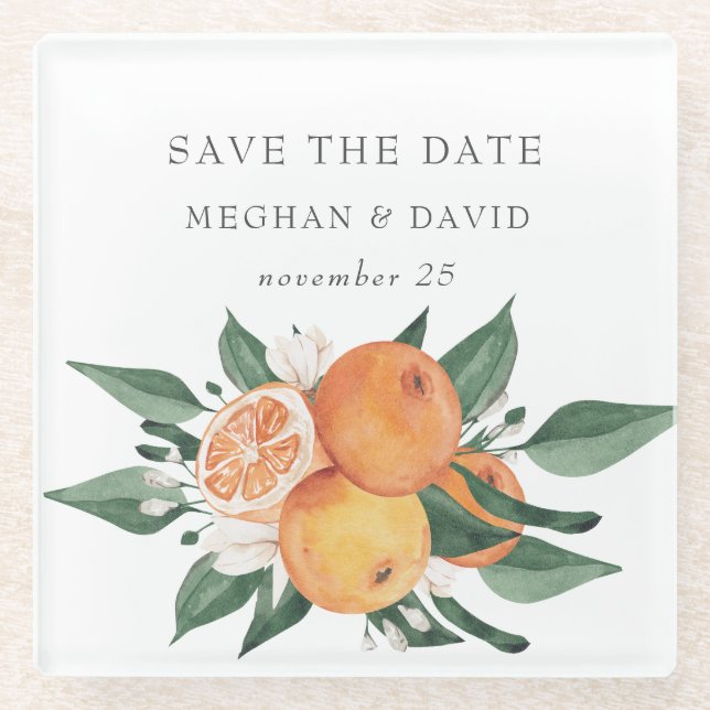 Orange Blossoms Citrus Botanical Wedding  Glass Coaster (Front)