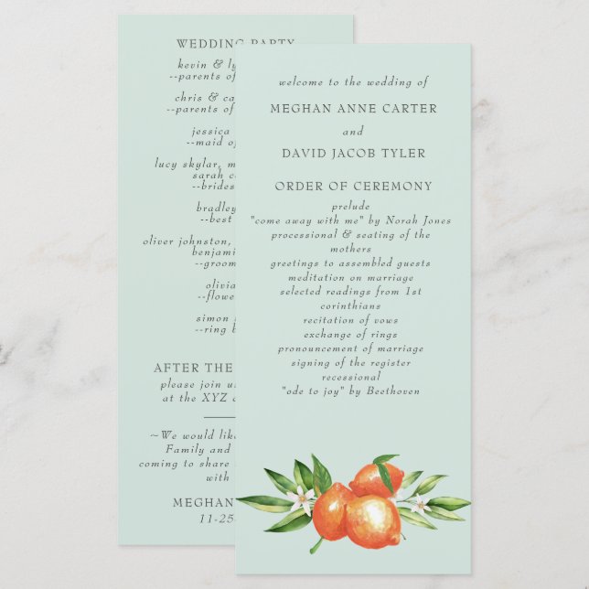Orange Blossoms Citrus Botanical Wedding  Program (Front/Back)