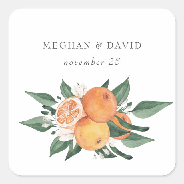 Orange Blossoms Citrus Botanical Wedding  Square Sticker (Front)