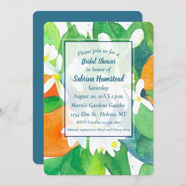 Orange Blossoms Citrus Fruit Bridal Shower Invitation (Front/Back)