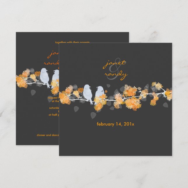 Orange blossoms+love birds/DIY background colour Invitation (Front/Back)