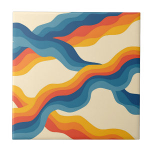 Orange Blue Abstract Retro Wavy Stripe Bold  Tile