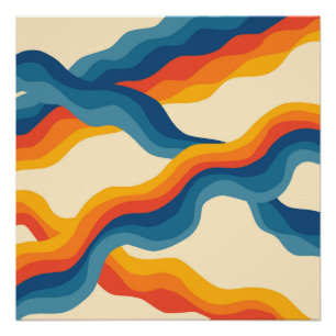 Orange Blue Abstract Retro Wavy Stripe Modern  Poster