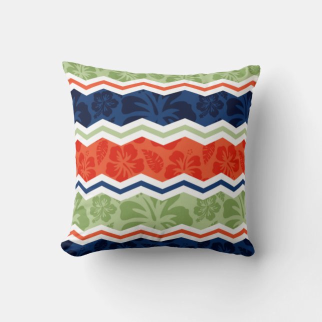 Orange, Blue, and Sage Green Tropical Pattern Throw Pillow (Front)