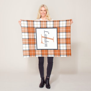Orange, Blue and White Tartan Plaid Fleece Blanket