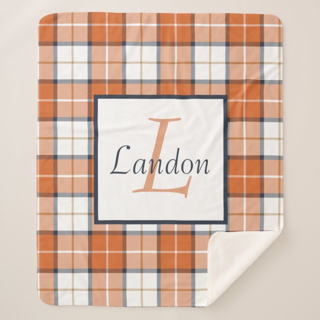 Orange, Blue and White Tartan Plaid Sherpa Blanket (Front)
