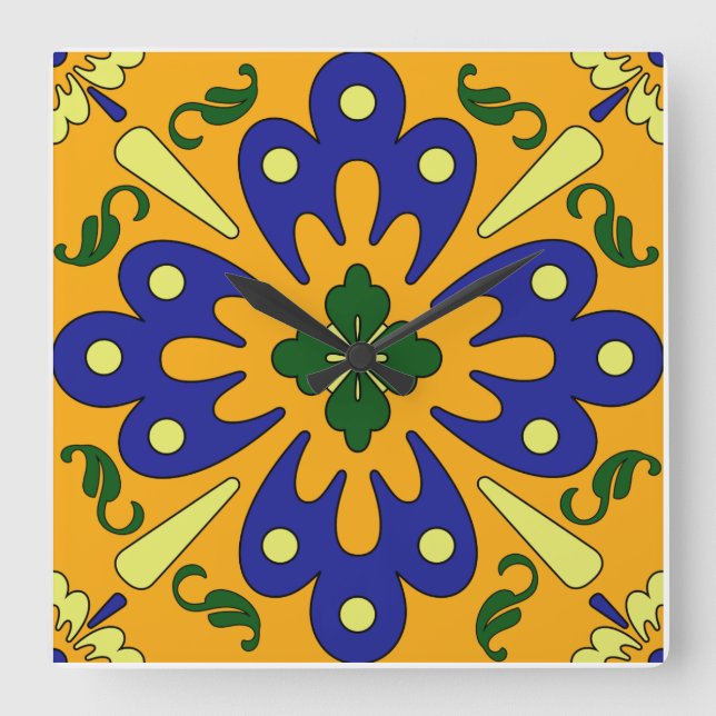 Orange Blue And Yellow Spanish Tile Kitchen Clock (Front)