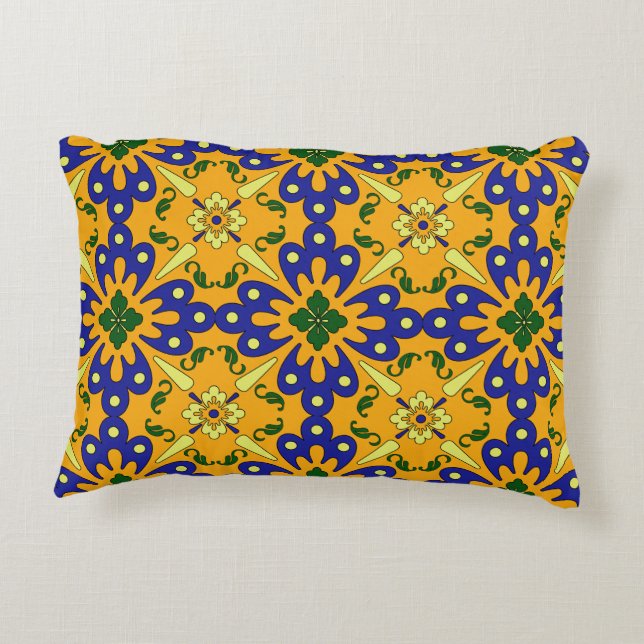 Orange Blue And Yellow  Talavera Tile Design Decorative Pillow (Back)