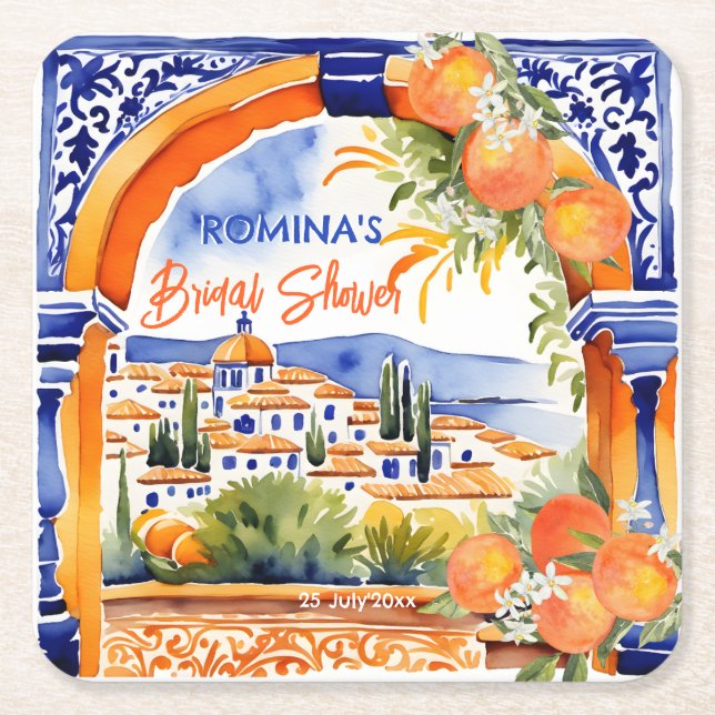 Orange blue azulejo talavera tiles bridal shower square paper coaster (Front)